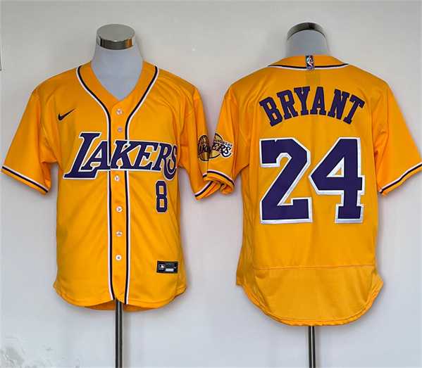 Mens Los Angeles Lakers Front #8 Back #24 Kobe Bryant Yellow Stitched Baseball Jersey->los angeles lakers->NBA Jersey